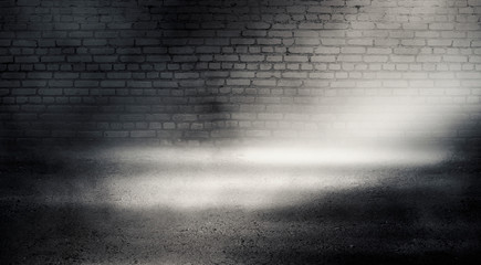 Background of empty grunge brick wall, neon light, spotlight, smoke