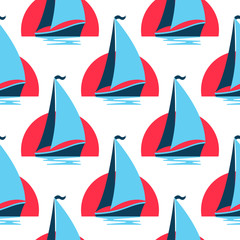 Marine seamless pattern with sailing boat on the waves against the rising sun.