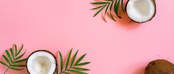 Pink tropical banner with coconut and palm leaves