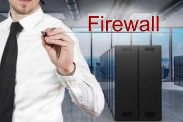 businessman in modern server room writing firewall in the air, 3D Illustration