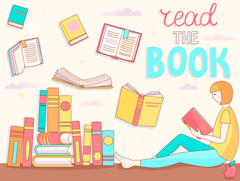 Young girl is Reading book. Close and open books in different positions near the student. Learning and education, relaxation and enjoyment concept design. Vector illustration in flat style.