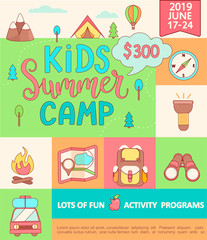 Banner for the Kids Summer camp, concept with handdrawn lettering,Camping and Travelling on holiday with a lot of camping equipment such as tent, backpack and others in flat style,vector illustration.