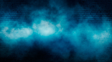 Background of empty dark room with brick walls, illuminated by neon blue lights with laser beams, smoke