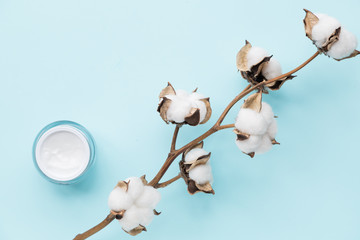 Cotton flower on pastel pale blue paper background, face cream, overhead. Minimalism flat lay composition for bloggers, artists, social media, magazines. Copyspace, horizontal