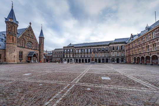 Ridderzaal in Dutch or the Knights hall and inner court of the Dutch parliament campus in The Hague, Netherlands