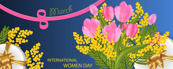 Desing for March 8 International Women's Day with Tulip and Mimosa bouquet, gift boxes with gold bow, figure eight of the ribbon. Banner or background with flowers. Vector