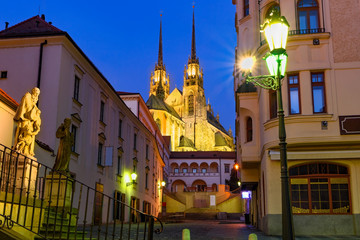Fototapeta na wymiar View of the St, Peter and Paul Cathedral in Brno, Czech Republic under blue twilight sky