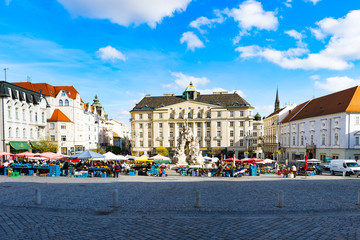 Zelný trh or Zelňák square with Parnas Fountain in the old town of Brno - Moravia, Czech Republic - obrazy, fototapety, plakaty