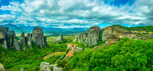 Monasteries of Varlaam, Roussanou, Saint Nicholas Anapavsa and great meteor monastery at Meteora,...