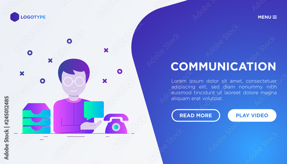 Poster communication web page template: man with speech bubble, inbox e-mail, telephone. flat gradient styl