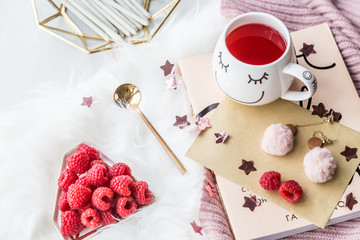 Cup of freshly brewed fruit and herbal tea, fresh raspberry, cookies, book, clothes. Photo for fashion, lifestyle and food blogs, content
