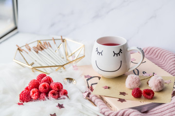 Obraz na płótnie Canvas Cup of freshly brewed fruit and herbal tea, fresh raspberry, cookies, book, clothes. Photo for fashion, lifestyle and food blogs, content