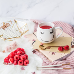 Cup of freshly brewed fruit and herbal tea, fresh raspberry, cookies, book, clothes. Photo for fashion, lifestyle and food blogs, content