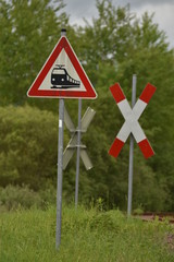 Traffic indicator, train attention -Road sign used in Germany - rail road crossing without barrier.