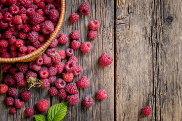 Ripe, freshly picked raspberries, on rustic wooden old table surface. Flat lay..