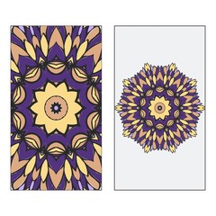 Purple, yellow color Set of two Indian country mandala ornament concept. Ethnic design, on festive and background. Vector background. Card or invitation. Islam, arabic, indian, ottoman motifs.