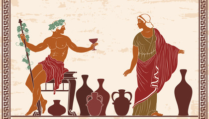 Heroes of ancient Greek myths Dionysus and Ariadne with jugs of wine.