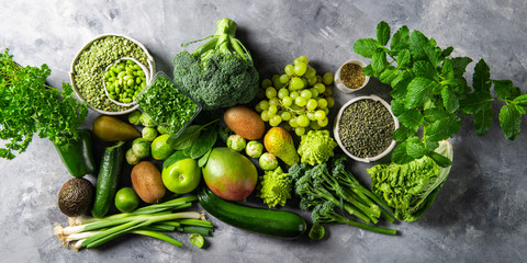 Variety of Green Vegetables and Fruits