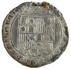 Ancient Spanish silver coin of the Kings Fernando e Isabel. Catholic kings. Coined in Burgos. Real. Obverse.