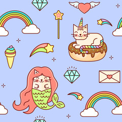 Vector kawaii seamless magic baby background with unicorn, mermaid, star, diamond, catcorn, cloud and rainbow. Kids line style illustration with dreaming magic kitty. Bright pattern for children.