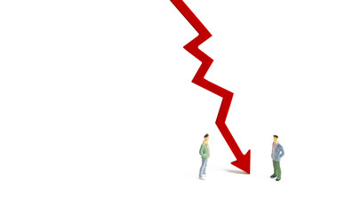 Negotiations of businessmen. A wooden red chart arrow down divides the two people discussing the case. Termination and breakdown of relations, breaking ties. Contract break, conflict of interests. 