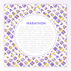 Marathon concept with thin line icons: runner, start, finish, running shoes, bottle of water, route, award, changing room, memory photo, donation, fan zone. Vector illustration, print media template.