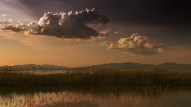 Beautiful wetlands grasses and water with mountains in background. Bear River National  Migratory Bird Refuge in Utah near the Great Salt Lake at sunset. Looks like  a painting.