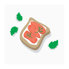 Salmon sandwich illustration. Healthy breakfast with proteins and greens. Sandwich of bread, butter and salmon. Healthy food icon. Nutrition for athletes
