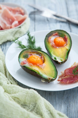 healthy Breakfast with avocado on wooden table