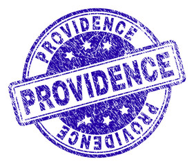 PROVIDENCE stamp seal imprint with grunge texture. Designed with rounded rectangles and circles. Blue vector rubber print of PROVIDENCE text with unclean texture.