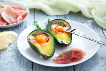 healthy Breakfast with avocado on wooden table