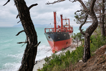 GELENDZHIK, RUSSIA - JAN 19, 2019: The ship called Rio ran aground after a storm in the black sea. The ship went to the port of Novorossiysk for loading