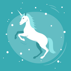 unicorn icon, on blue background, vector illustration.