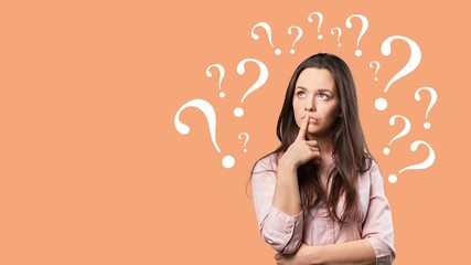 Question woman apron attractive beautiful beauty blue background