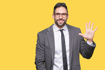 Young handsome business man over isolated background showing and pointing up with fingers number five while smiling confident and happy.