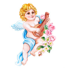 Angel, Cupid with a musical instrument lute and spring flowers isolated on white background. Watercolor. Illustration. Template. Vintage. Card. Clipart. Close-up. Valentine's Day
