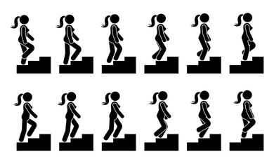 Stick figure female on stairs icon set. Vector woman walking step by step sequence pictogram