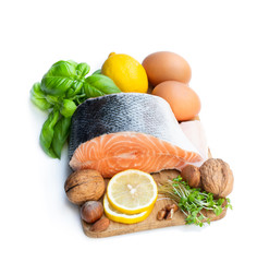 Set of food rich ofomega 3 fats isolated on white