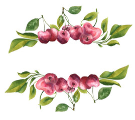 Watercolor frame of sweet cherry in red and pink color