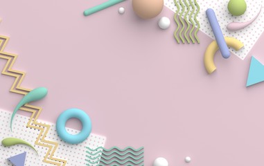 Abstract multicolored composition in pastel colors with primitive geometric shapes on pink background. Copy space for text.  Realistic 3D render.