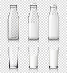 bottle and glass of milk set, isolated