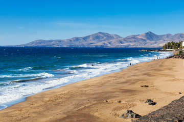 Puerto del Carmen beach in Lanzarote, Canary islands, Spain. blue sea, palm trees, selective focus
