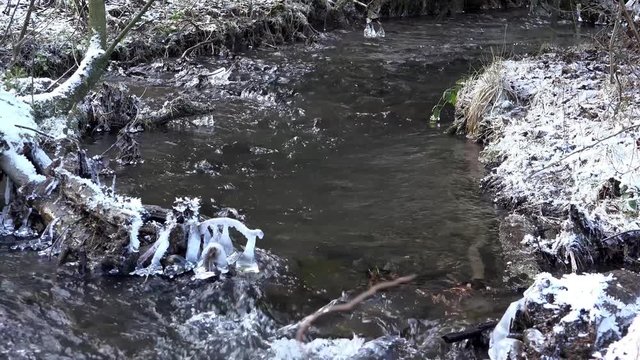 Nahaufnahme eines Flusses im Winter. Im Vordergrund sind Eiszapfen. Der  Fluss hat den Namen Glenne und ist bei Rixen. Am Ufer ist Schnee. Endlosschleife mit Ton.