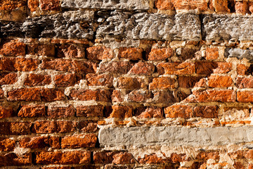 Old red brick wall background texture close up. bricked wall textured pattern for continuous replicate.