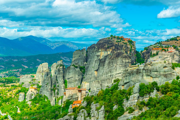 Monasteries of Varlaam, Roussanou, Saint Nicholas Anapavsa and great meteor monastery at Meteora,...