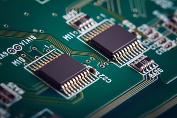 Electronic circuit board close up.