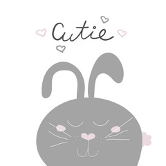 Child shower poster with cute smile grey bunny and hand drawn text. Vector funny animal for baby graphic suit printing. Kid rabbit print with lettering - cutie. Greeting card design