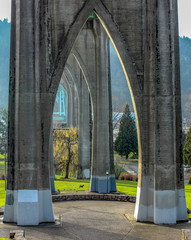 Color image of Cathedral Park under Portland, Oregon's Saint John's Bridge.