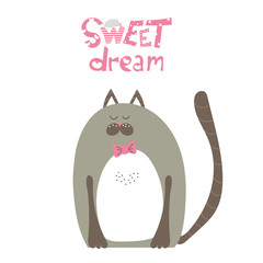Child shower poster with cute cat and graphic hand drawn text . Vector invitation for kid. Child print with pink lettering - sweet drean. Greeting card for gentleman.