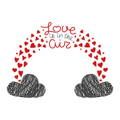 Kid fashion graphic. Two black doodle cloud and red heart. Vector hand drawn illustration and text - love is in the air. Baby shower print funny handwriting quote. St valentine's day greeting card